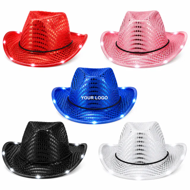LED Sequin Cowboy Hat Flashing Light Up Party Cap