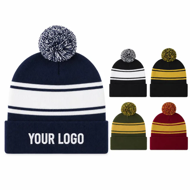 Custom Knit Acrylic Winter Pom Beanie Cap With Colorful Stripes