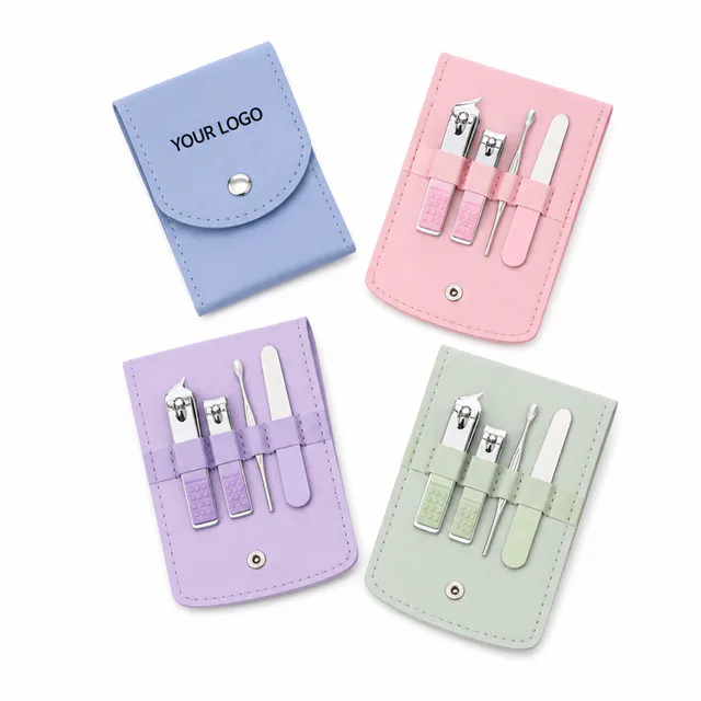 Portable 4Pcs Faux Leather Manicure Set With Stainless Steel Tools