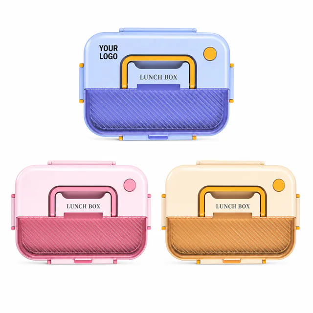 Plastic Divider Lunch Box With Three Compartments And Folding Handle