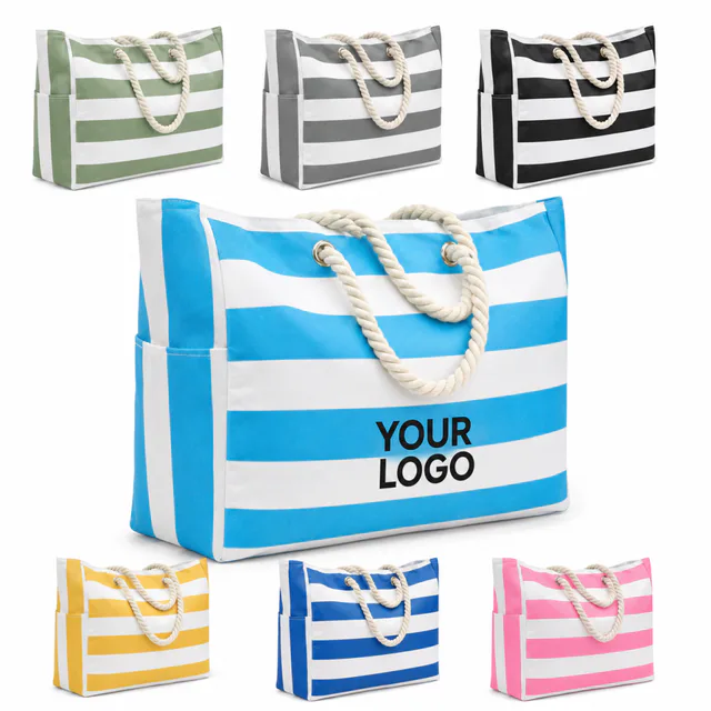 Custom Large Striped Canvas Beach Tote Bag With Side Pockets
