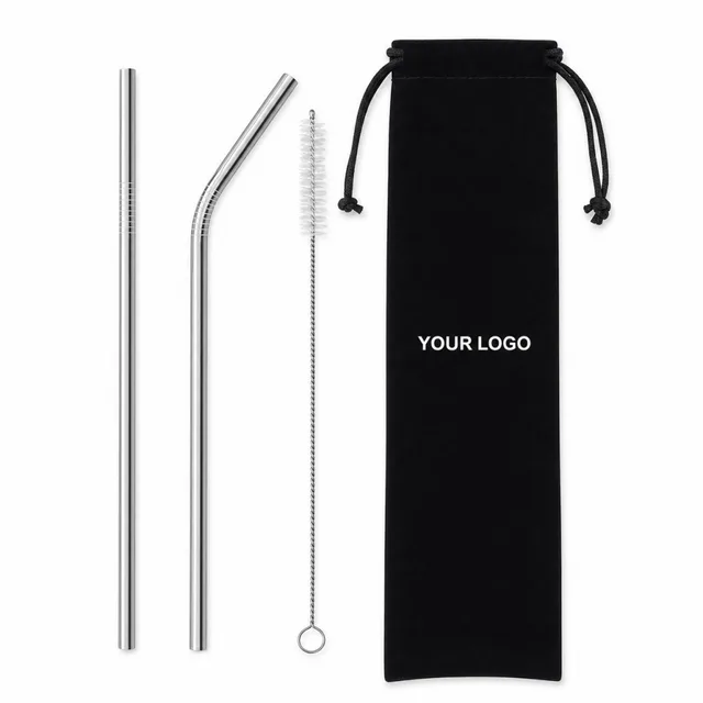 Stainless Steel Straw Kit With Flannel Drawstring Bag
