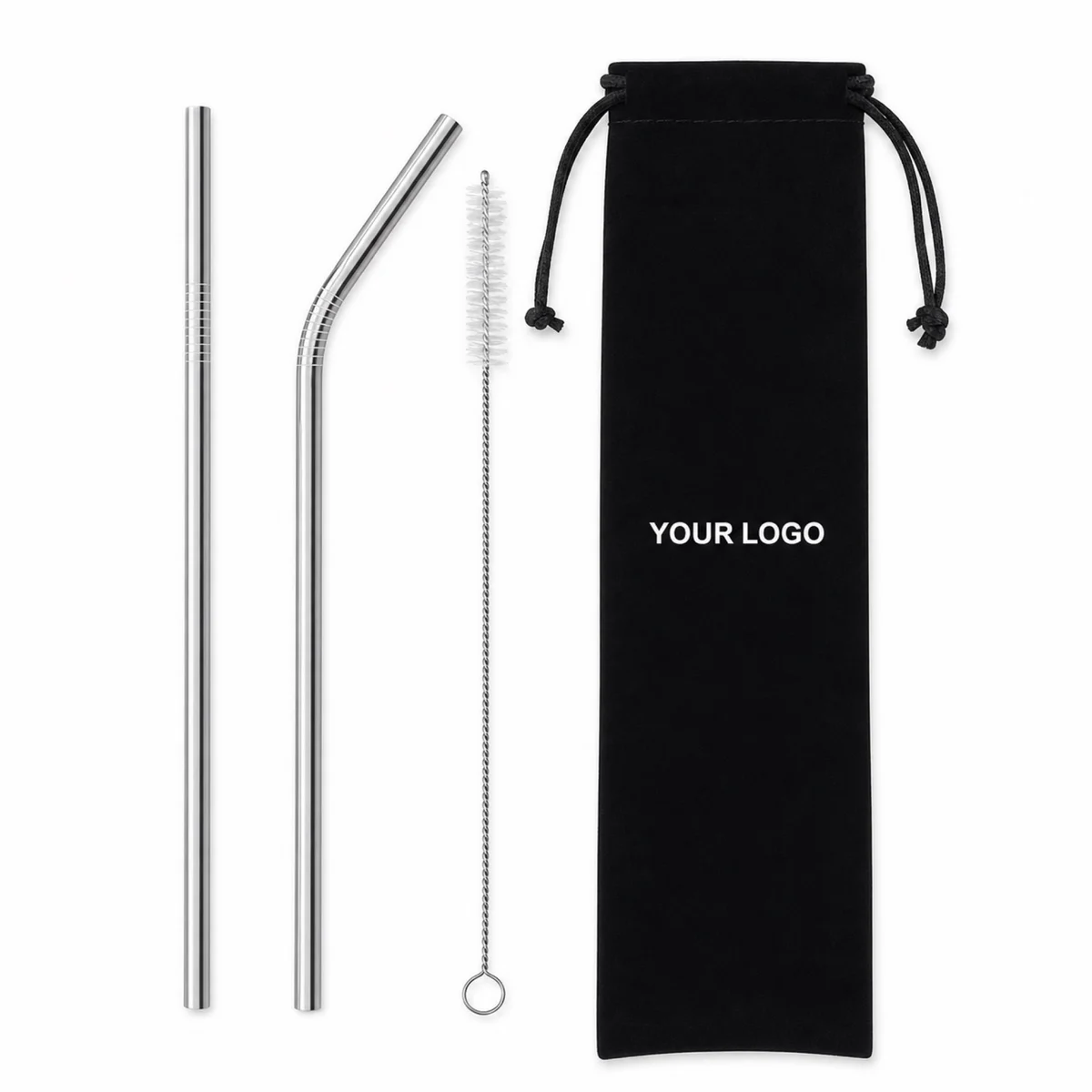 Stainless Steel Straw Kit With Flannel Drawstring Bag