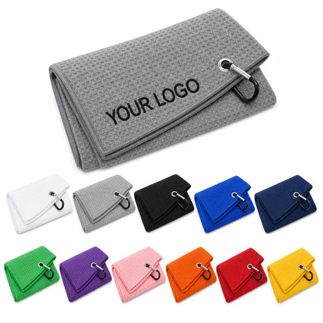Golf Towel With Grommet And Carabiner Clip 16" X 20" Microfiber Waffle Weave