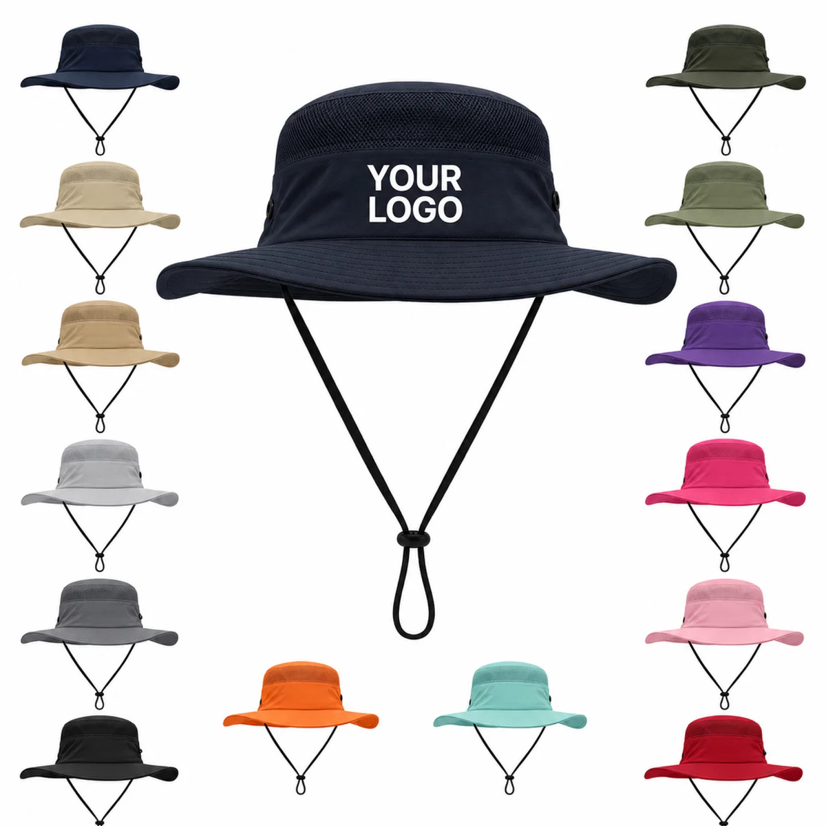 Wide Brim Polyester UV Protection Sun Bucket Hat With Adjustable Chin Strap