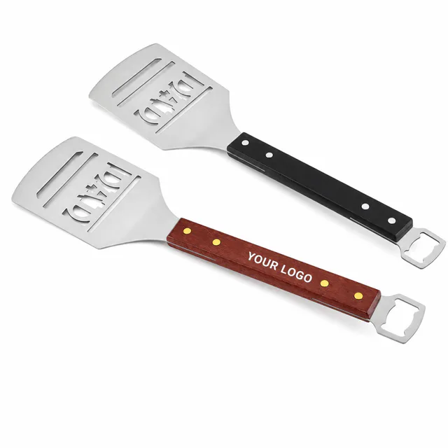 Stainless Steel Barbecue Spatula With Bottle Opener Custom Cutout Design Hardwood Handle