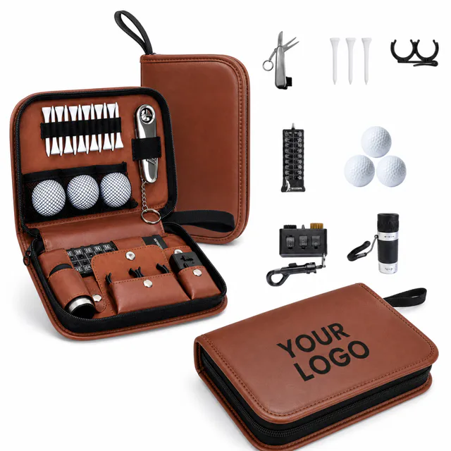 Leather Golf Accessories Set With Tees Clips Scoreboard And Gloves