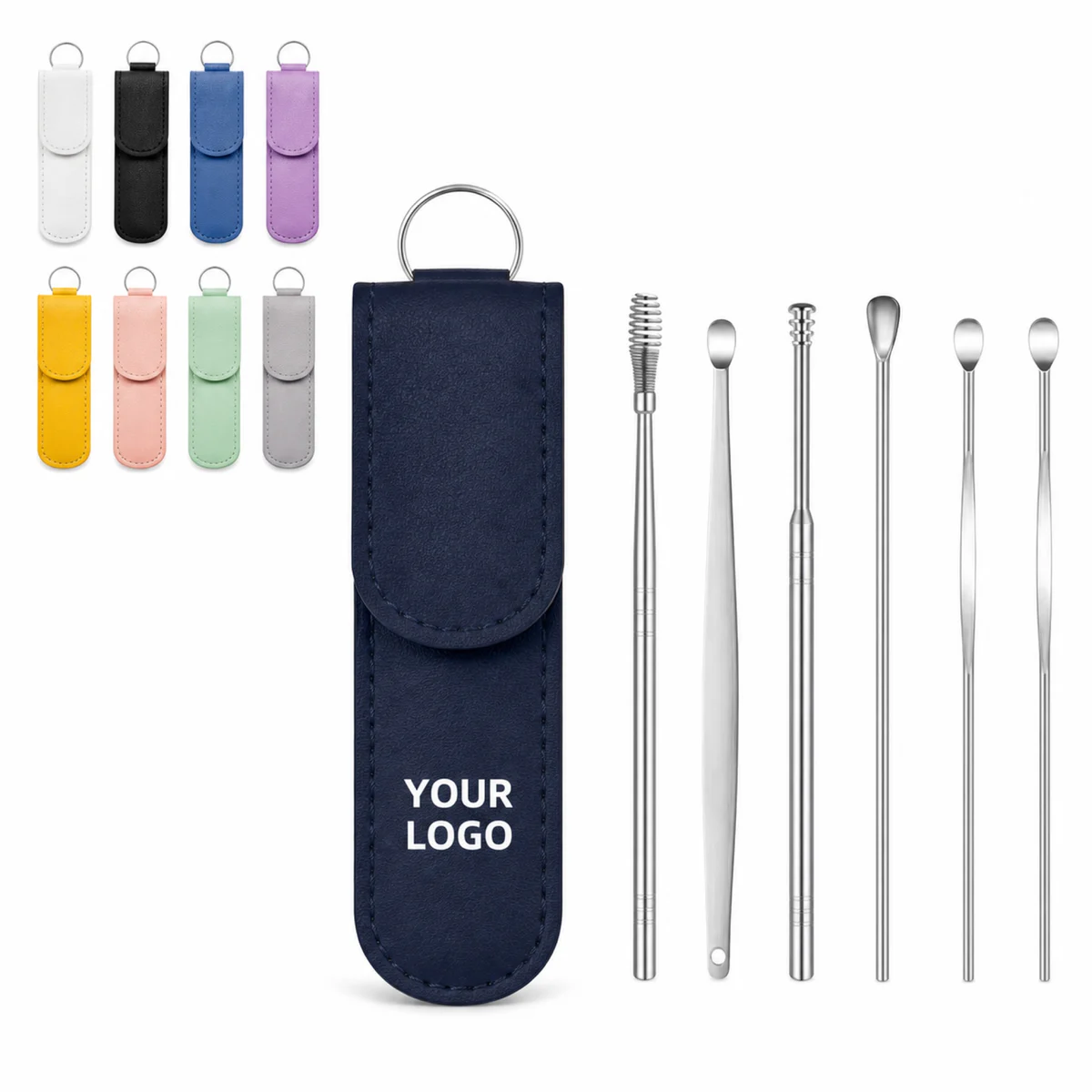 Stainless Steel Earwax Cleaner Tool Set With Leather Keychain Bag
