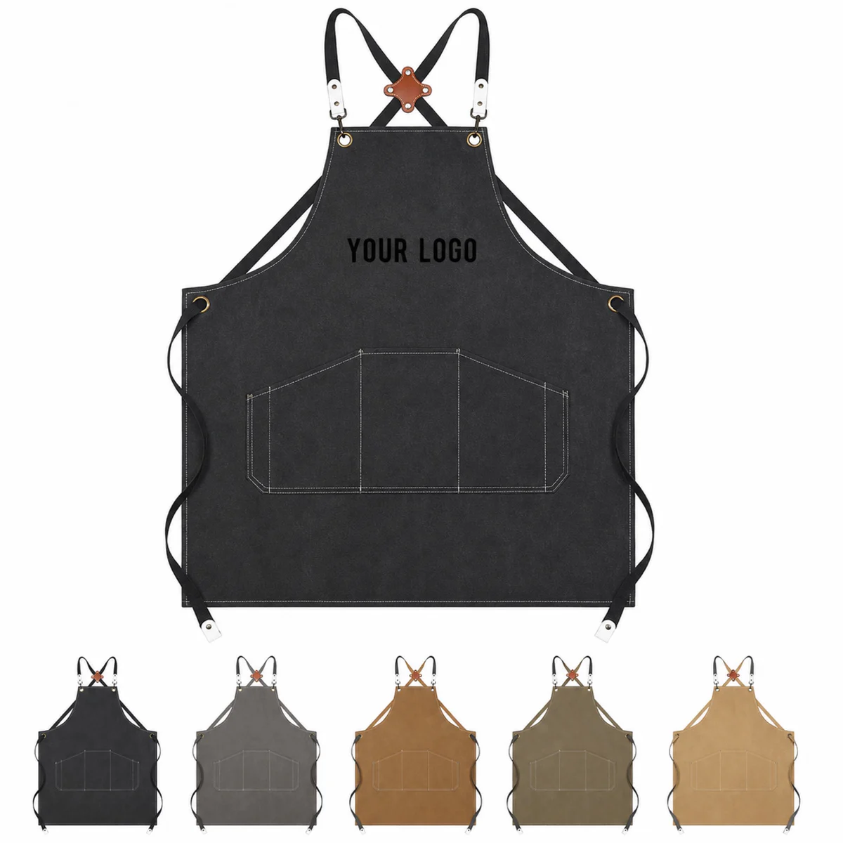 Waterproof Cotton Canvas Bib Apron With Front Pockets And Crossover Straps