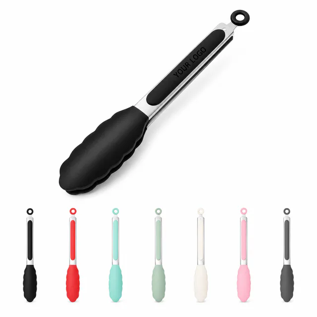 Custom Silicone Kitchen Tongs Stainless Steel Scalloped Head Promotional Food Tongs