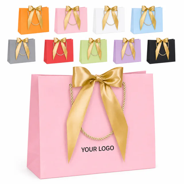 Paper Gift Bag With Ribbon Bow For Holiday And Business Events