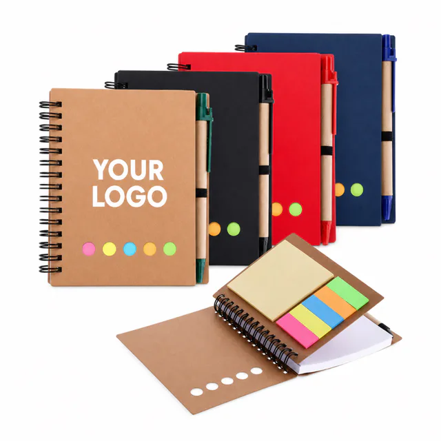 Spiral Notebook With Sticky Notes And Ballpoint Pen