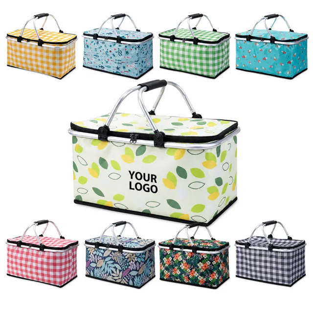 Foldable Insulated Oxford Cloth Picnic Cooler Basket With Aluminum Handles
